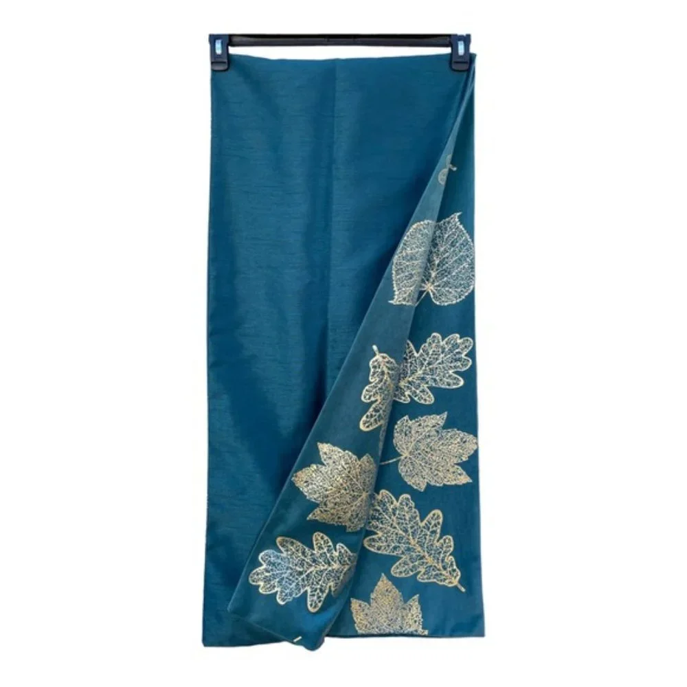 Autumn Gold Filigree Leaves Blue Table Runner with Beaded Stems 16